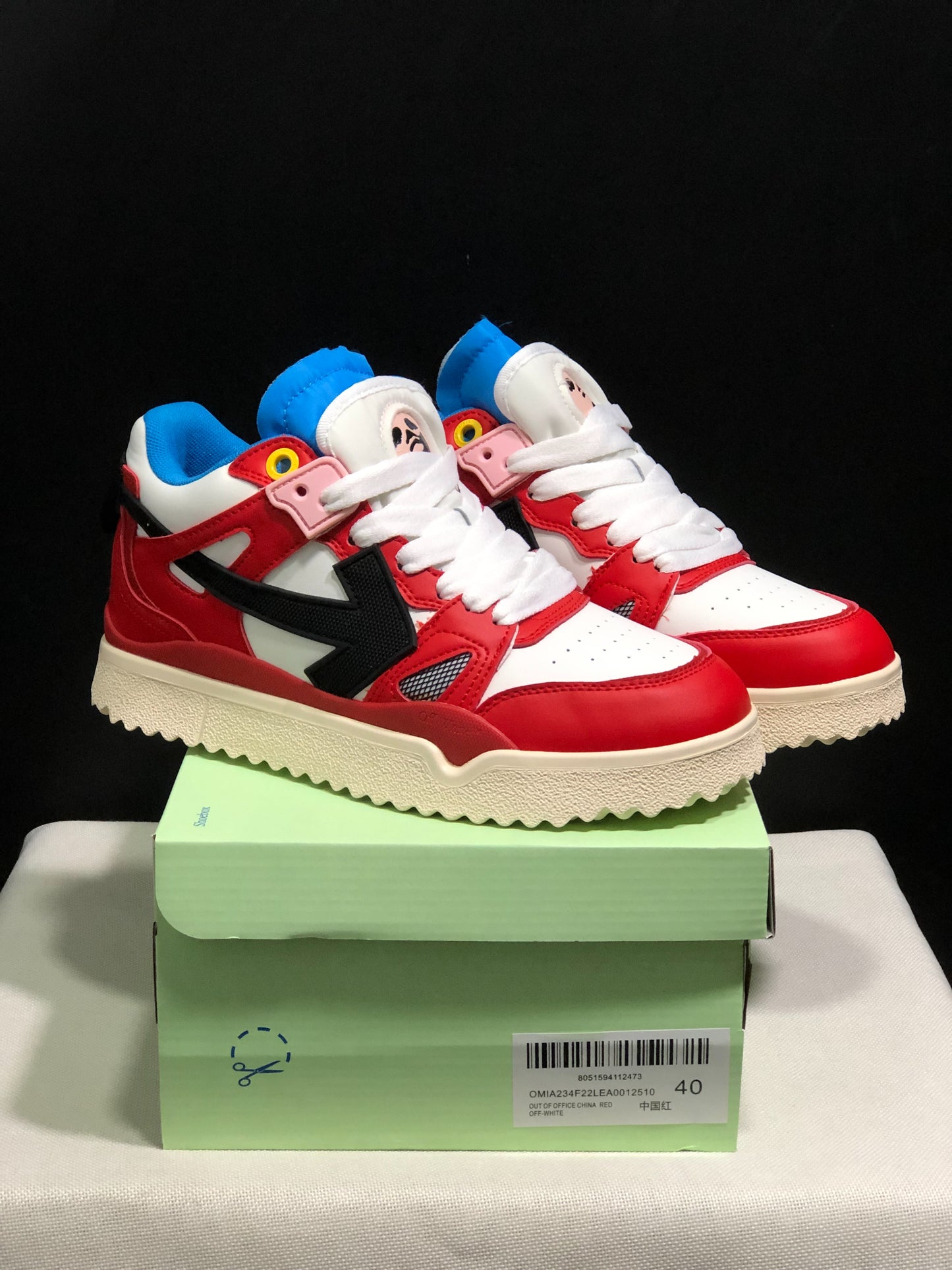 Off white out of officeRed, black, and blue