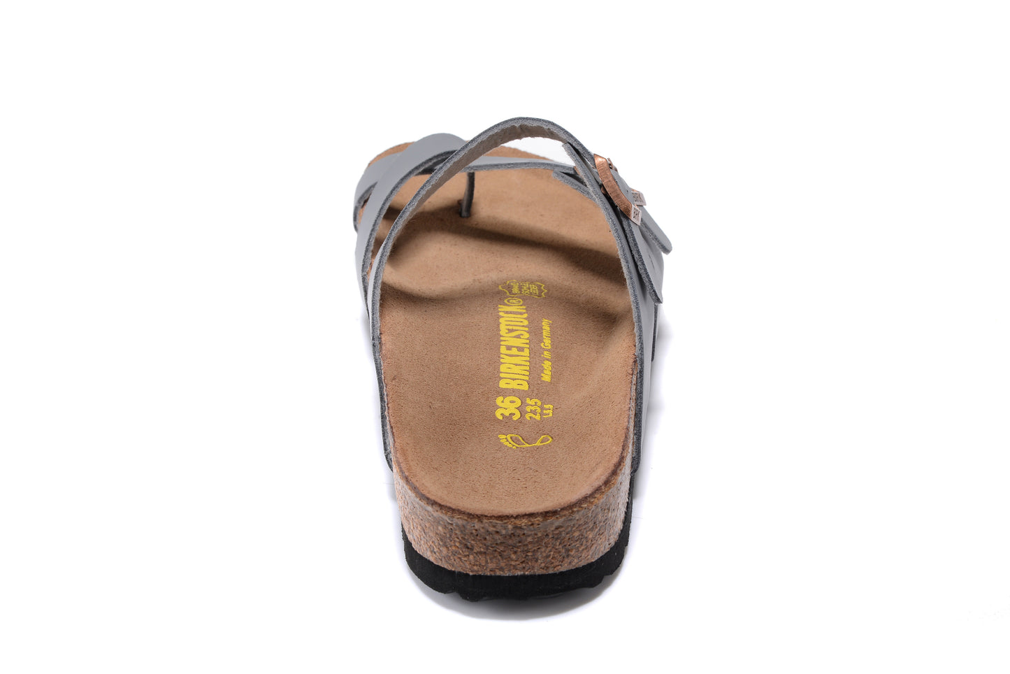 Birk Mayari Sandal Gray Birko-Flor with Rose Gold Buckles