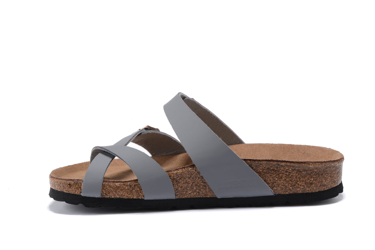 Birk Mayari Sandal Gray Birko-Flor with Rose Gold Buckles