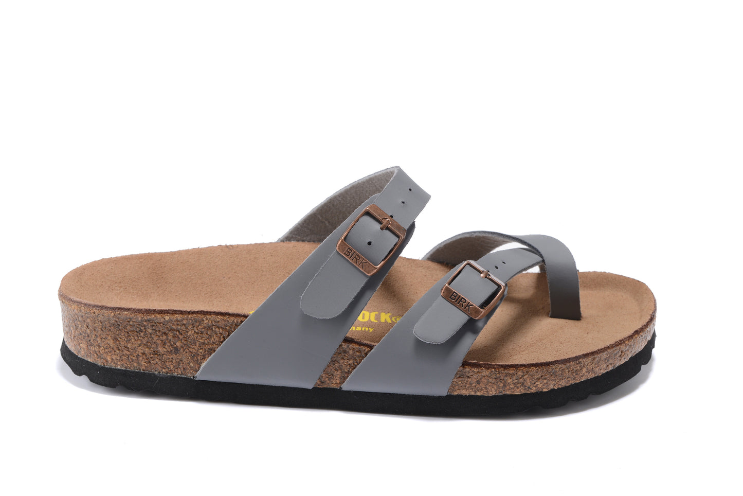 Birk Mayari Sandal Gray Birko-Flor with Rose Gold Buckles