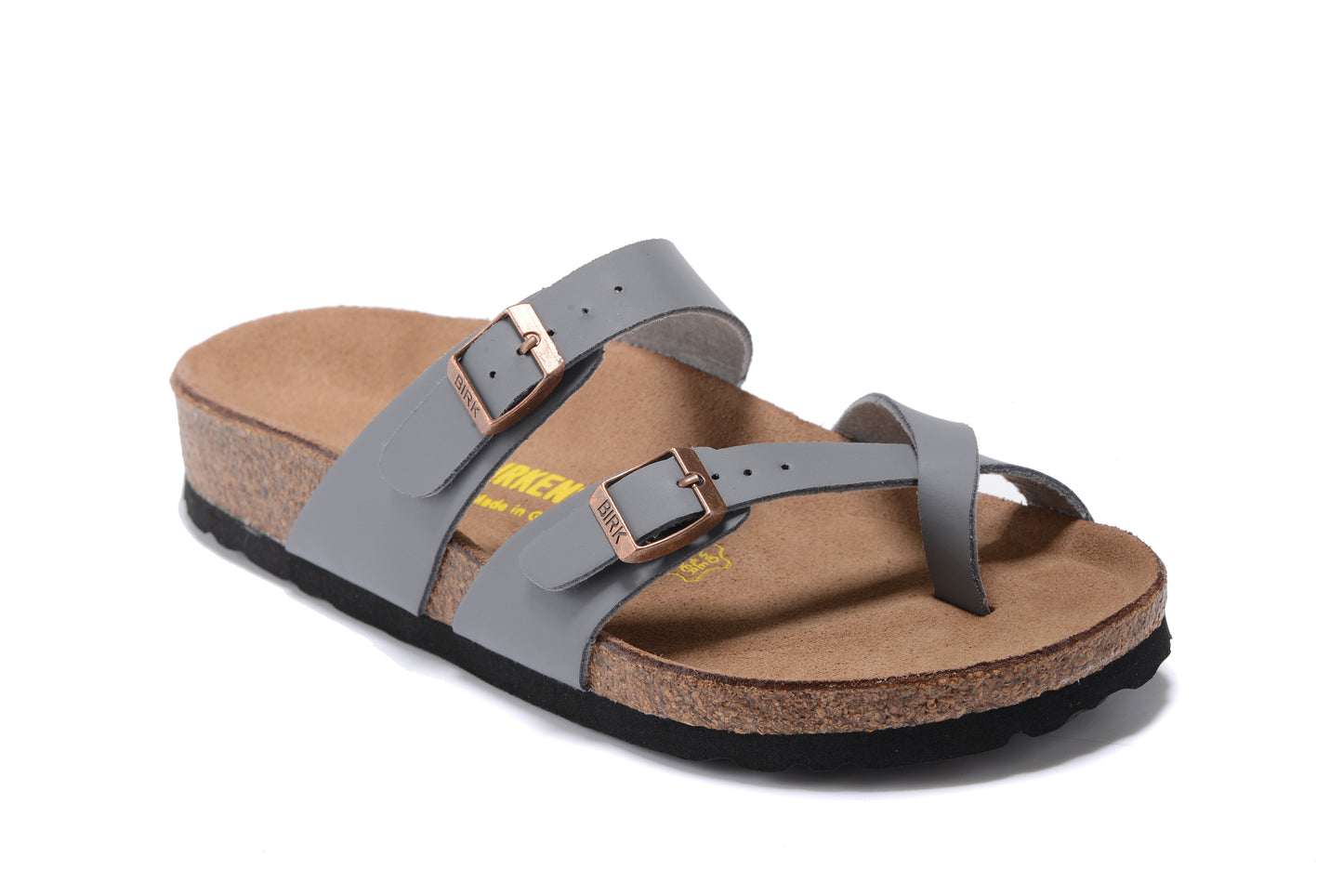Birk Mayari Sandal Gray Birko-Flor with Rose Gold Buckles
