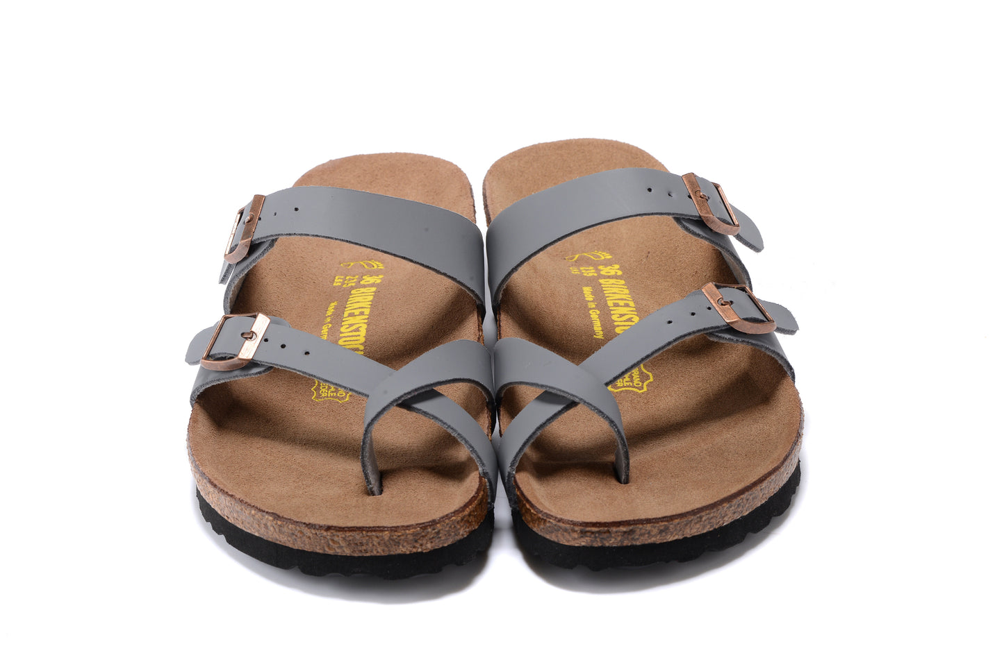 Birk Mayari Sandal Gray Birko-Flor with Rose Gold Buckles