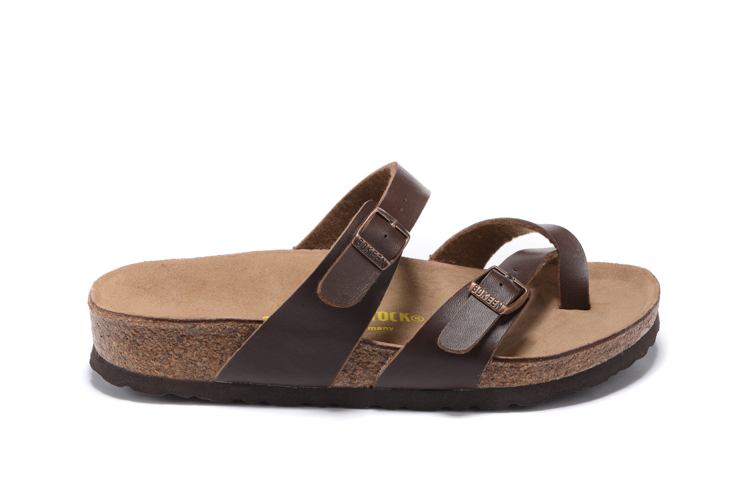 Birk Mayari Sandal Dark Brown Birko-Flor with Rose Gold Buckles
