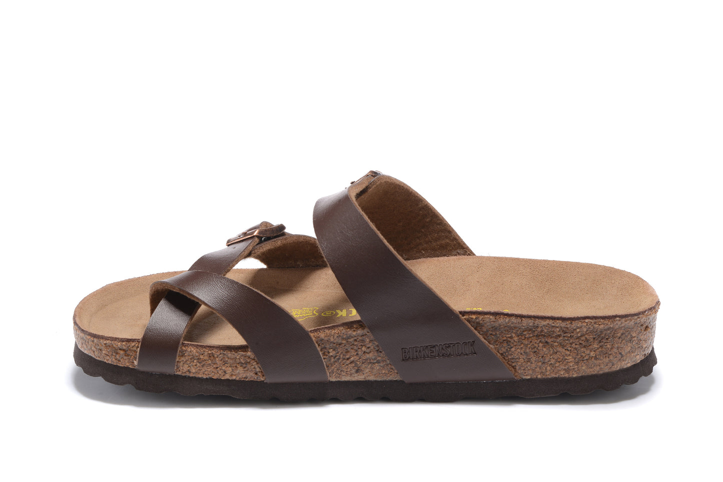 Birk Mayari Sandal Dark Brown Birko-Flor with Rose Gold Buckles