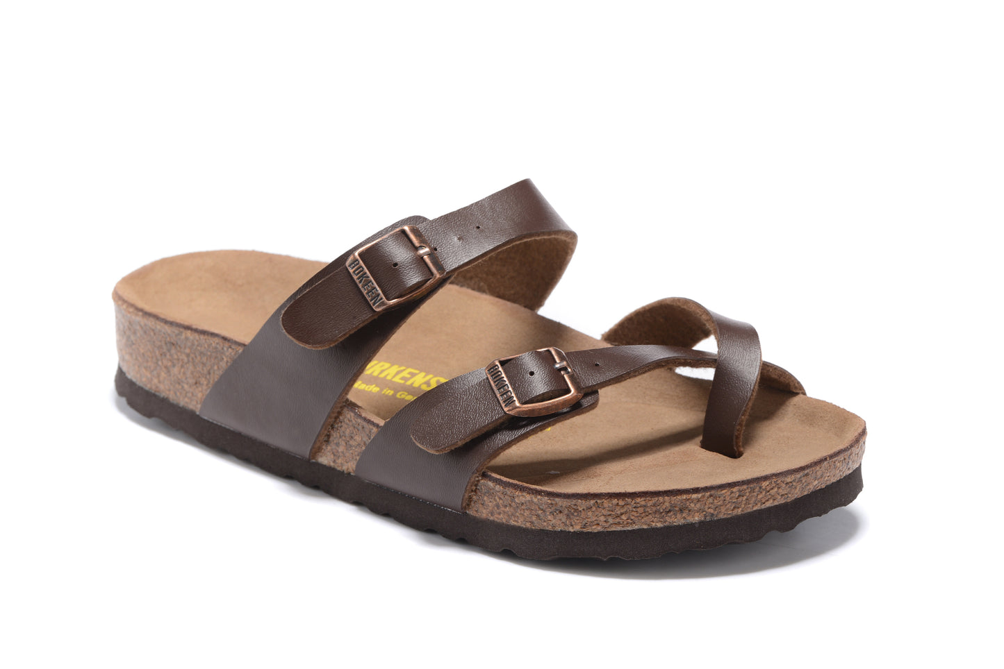 Birk Mayari Sandal Dark Brown Birko-Flor with Rose Gold Buckles