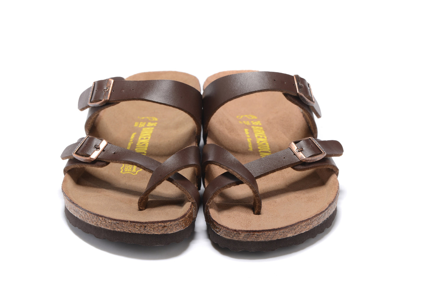 Birk Mayari Sandal Dark Brown Birko-Flor with Rose Gold Buckles
