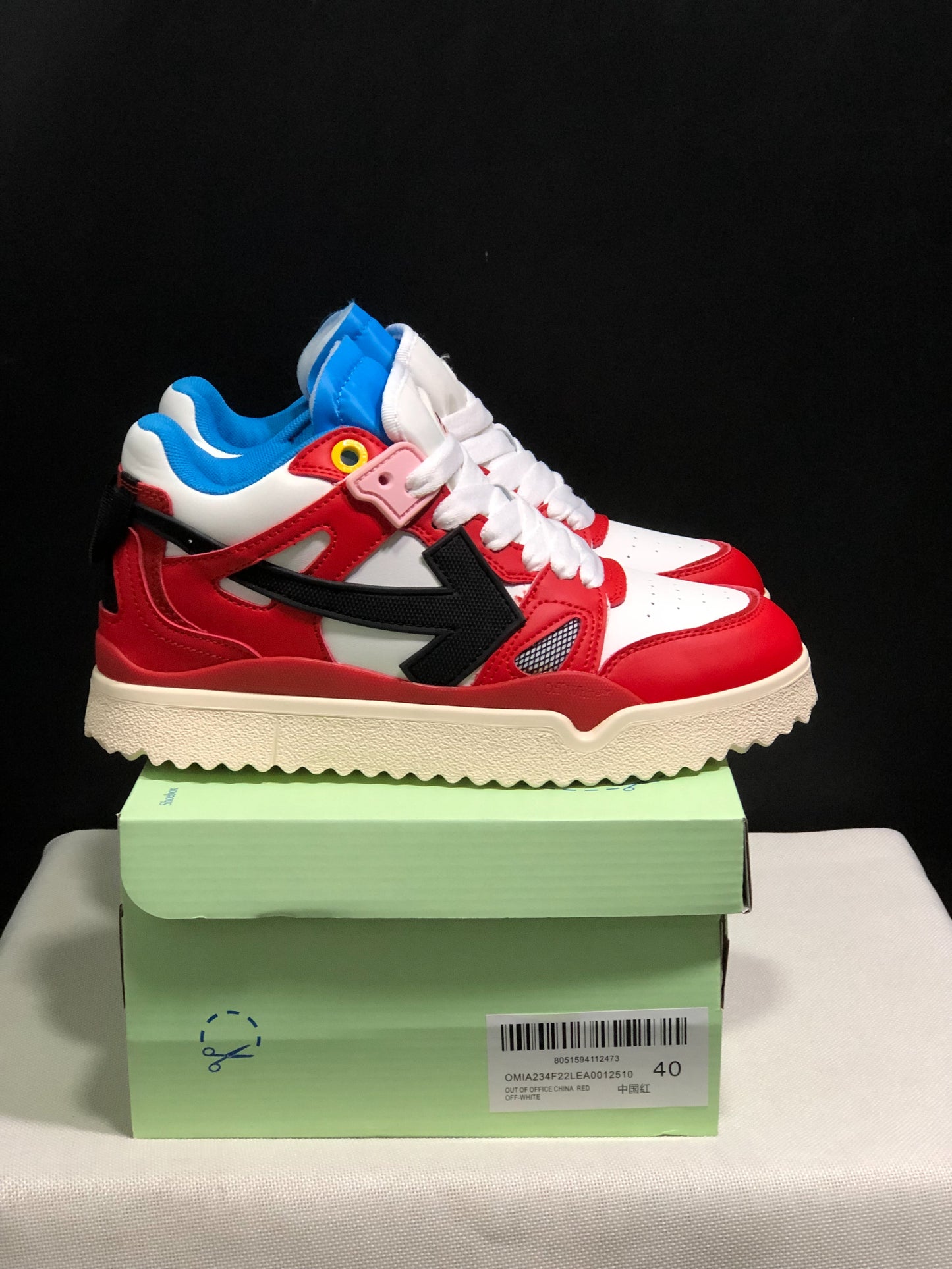 Off white out of officeRed, black, and blue