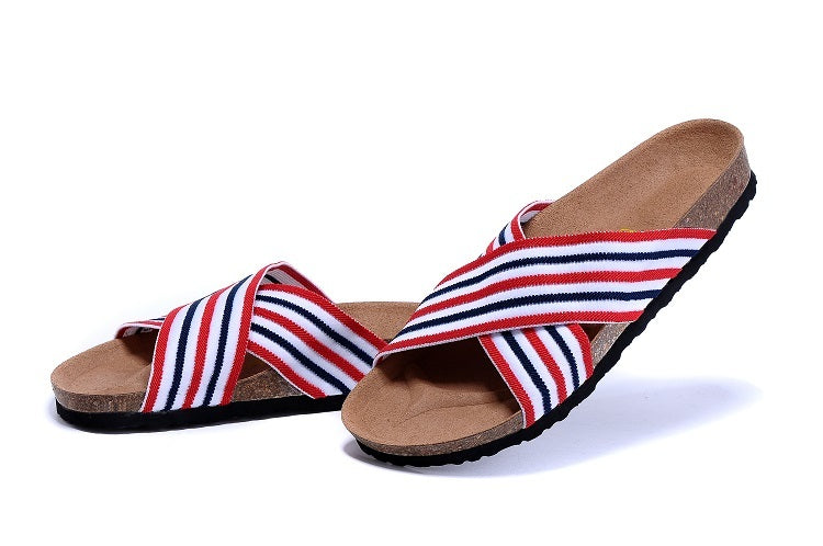 Birk Siena Sandal Red, White & Navy Striped Textile