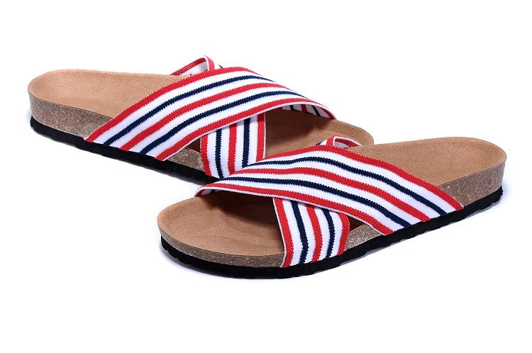Birk Siena Sandal Red, White & Navy Striped Textile