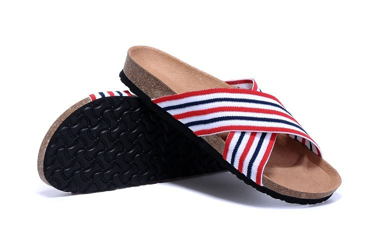 Birk Siena Sandal Red, White & Navy Striped Textile