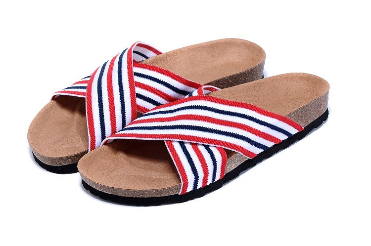 Birk Siena Sandal Red, White & Navy Striped Textile
